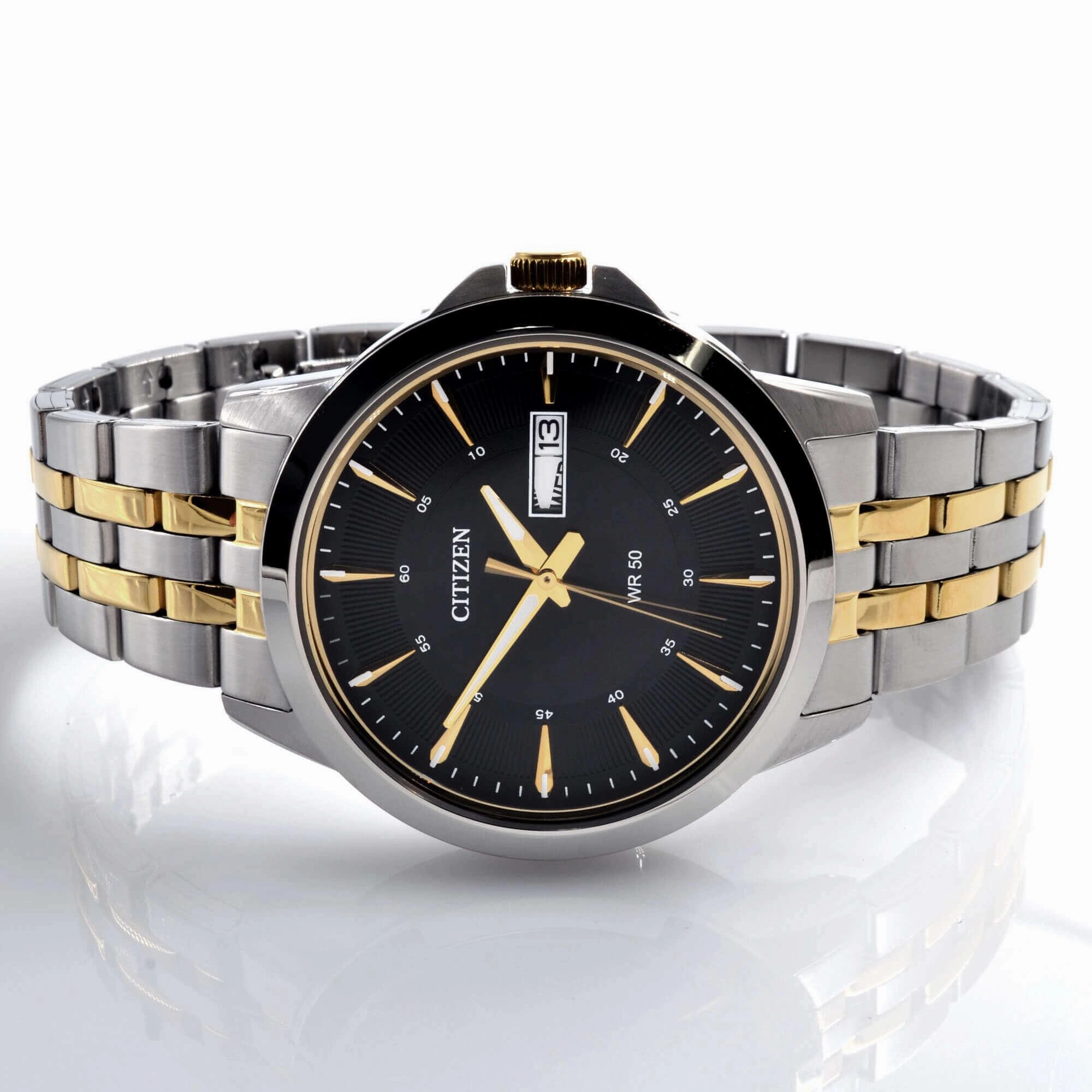 Citizen Men's Quartz Watch - Day-Date Black Dial Two Tone Bracelet | BF2018-52E