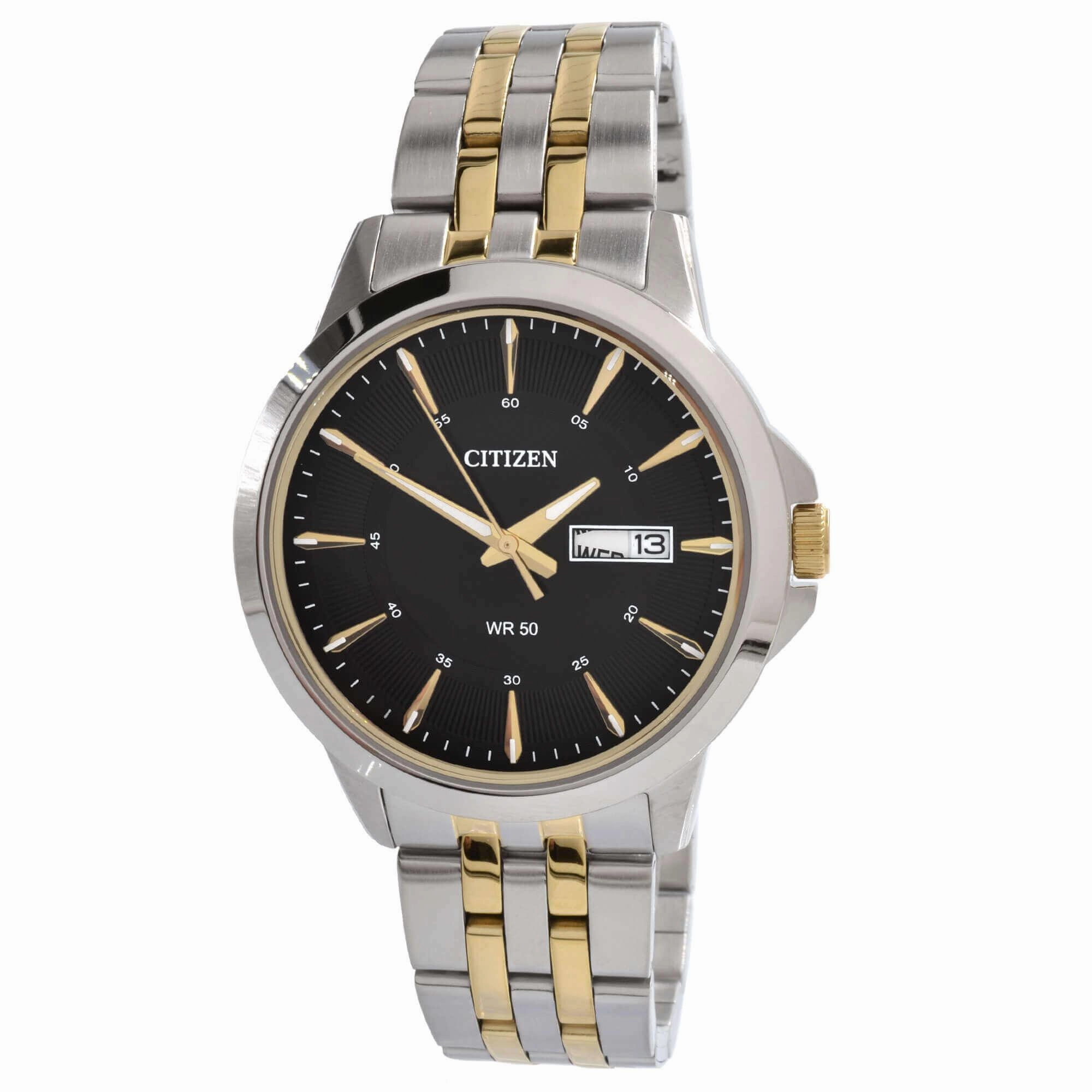 Citizen Men's Quartz Watch - Day-Date Black Dial Two Tone Bracelet | BF2018-52E