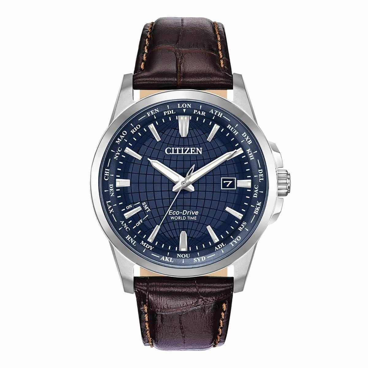Citizen Men's Strap Watch - World Time Blue Dial Brown Leather | BX1000-06L
