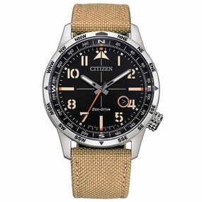 Citizen Men's Watch - Eco-Drive Black Dial Khaki Nylon Strap Compass | BM7550-10E
