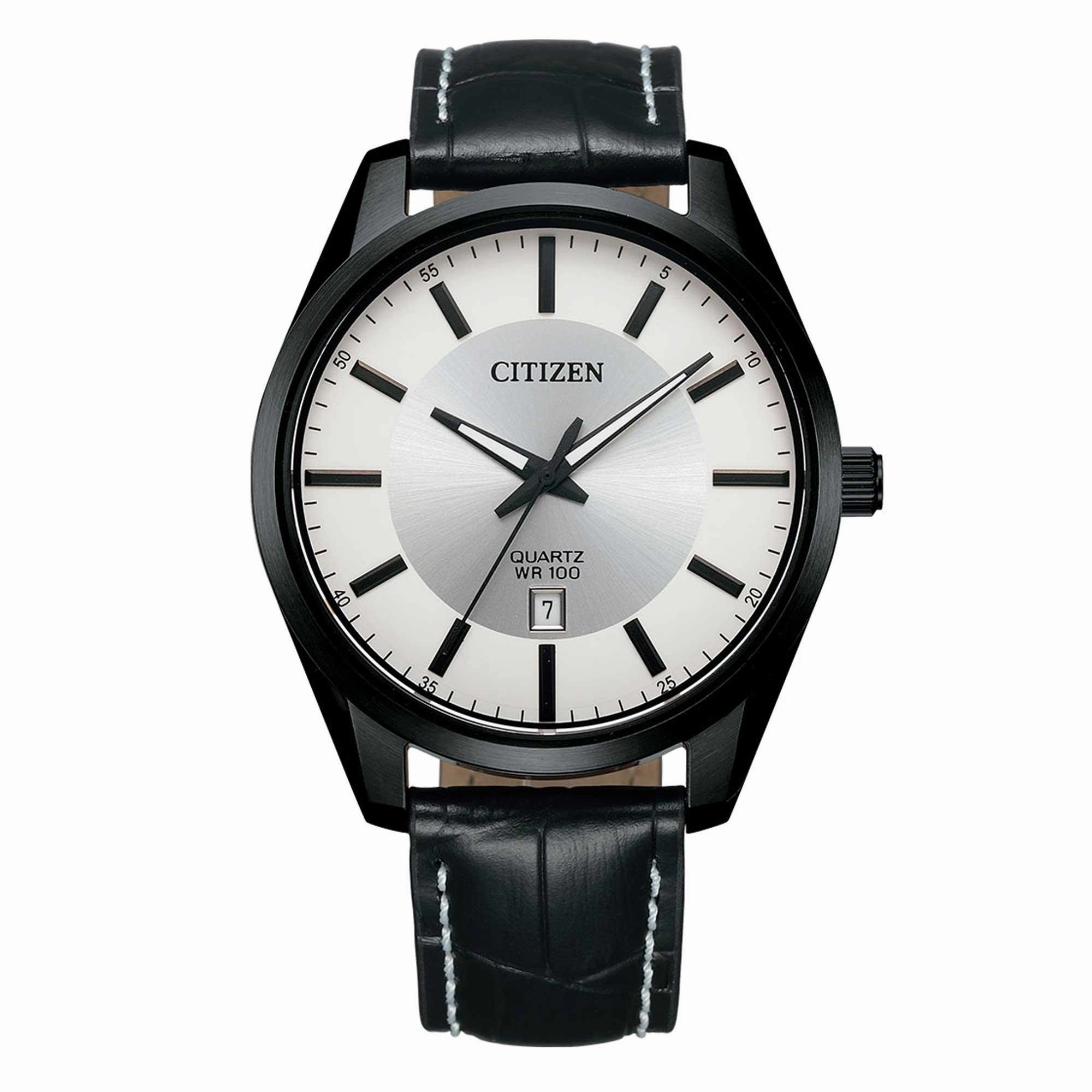 Citizen Men's Watch - Japanese Quartz Silver Dial Black Leather Strap | BI1035-09A
