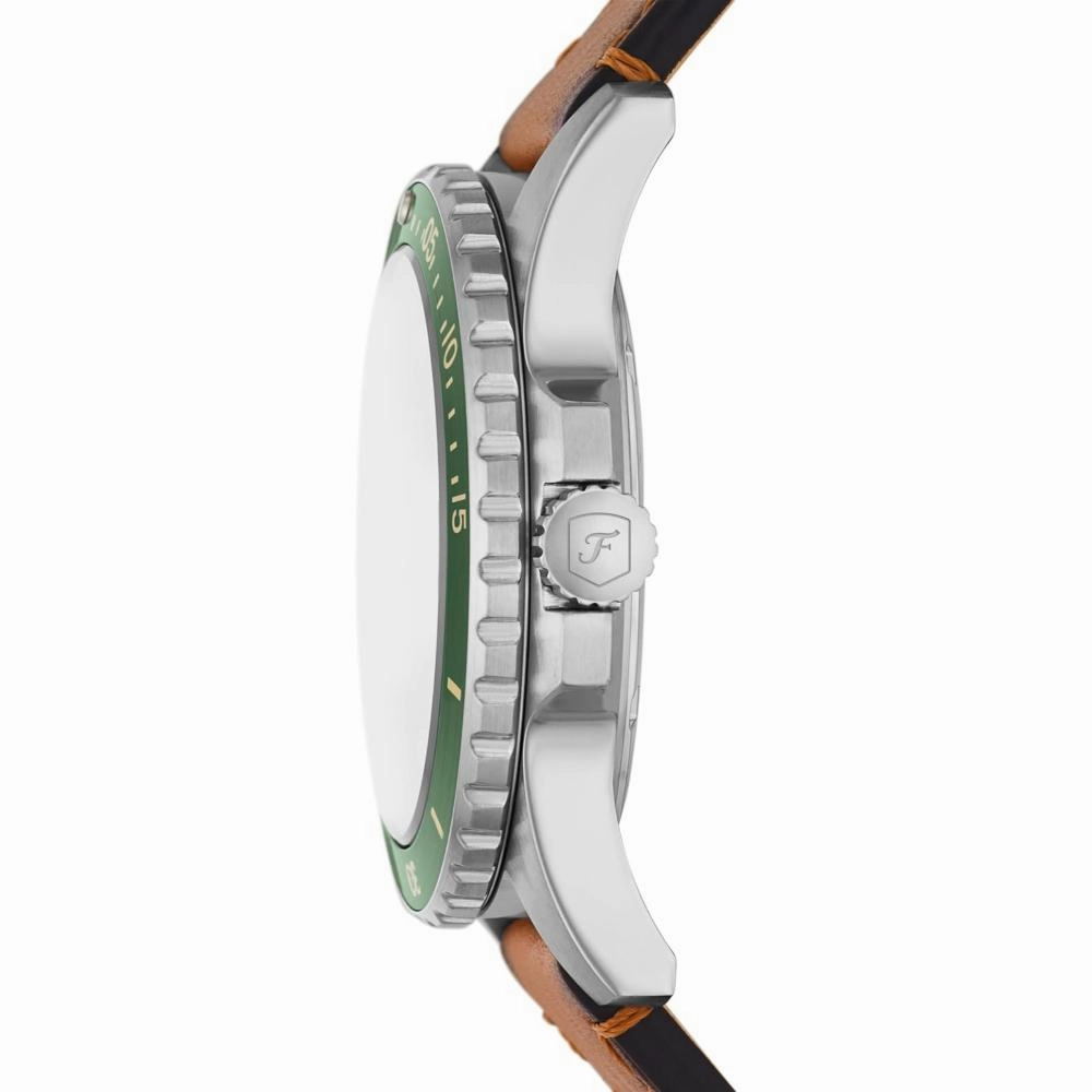 Fossil Blue Dive Green Dial Tan LiteHide Leather Strap Men's Watch FS5946P