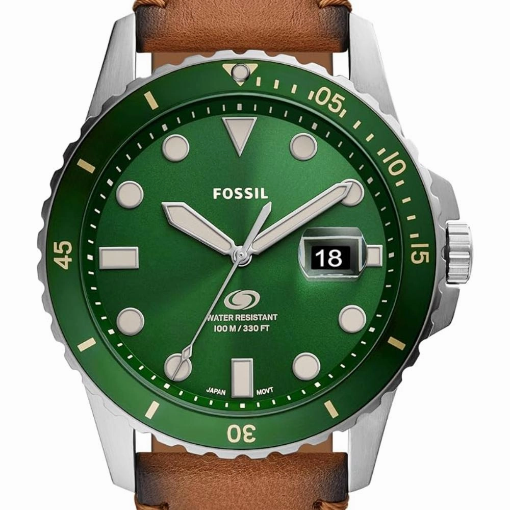 Fossil Blue Dive Green Dial Tan LiteHide Leather Strap Men's Watch FS5946P
