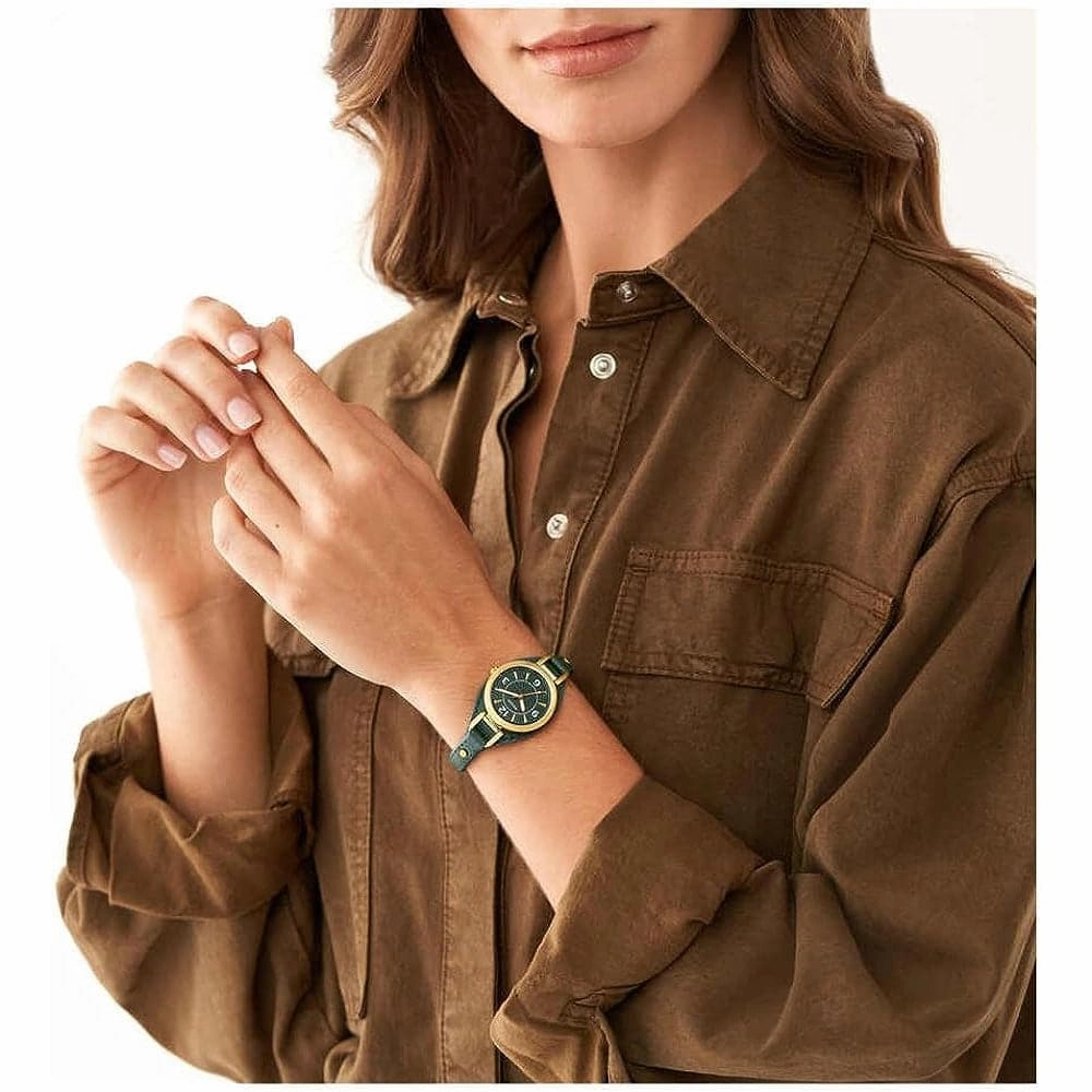 Fossil Carlie Green Dial Leather Strap Women Watch ES5241P