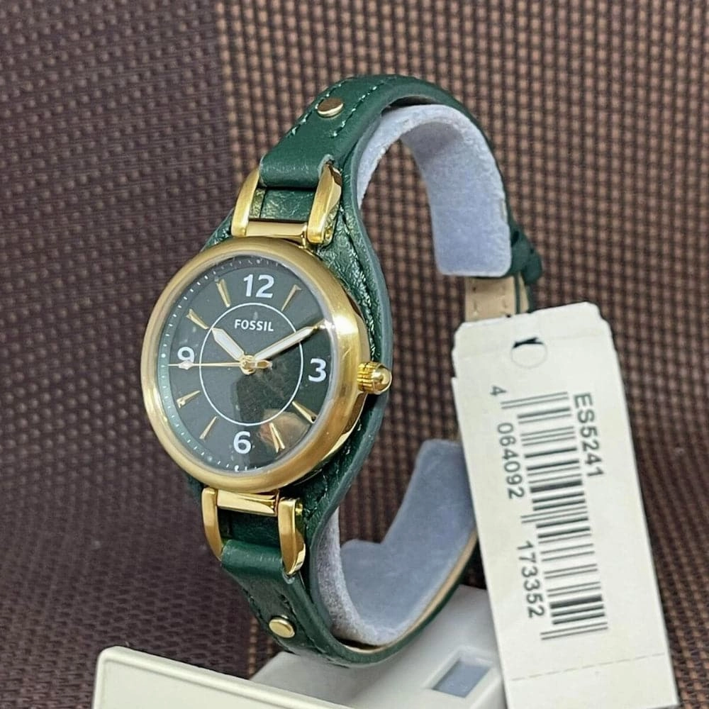 Fossil Carlie Green Dial Leather Strap Women Watch ES5241P