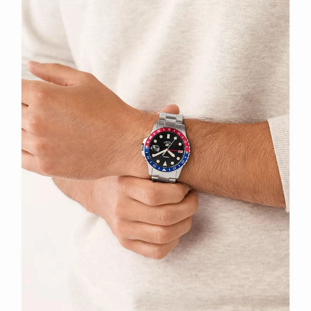 Fossil GMT Black Dial Silver Stainless Steel Strap Men Watch LE1156P