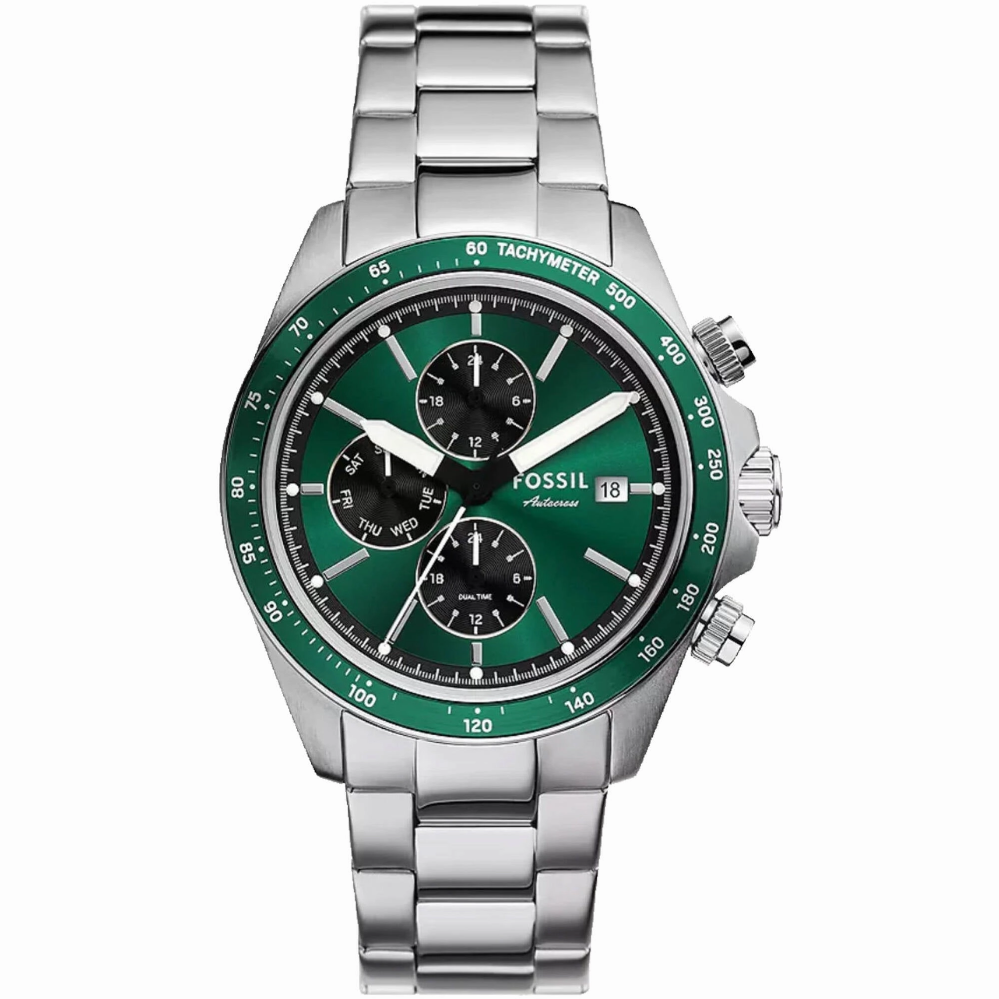 Fossil Men's Watch - Autocross Green Dial Silver Stainless Steel Bracelet | BQ2878