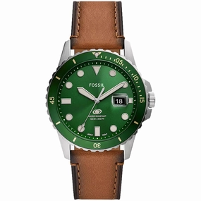 Fossil Men's Watch - Blue Dive Quartz Rotating Bezel Green Dial Brown Strap | FS5946