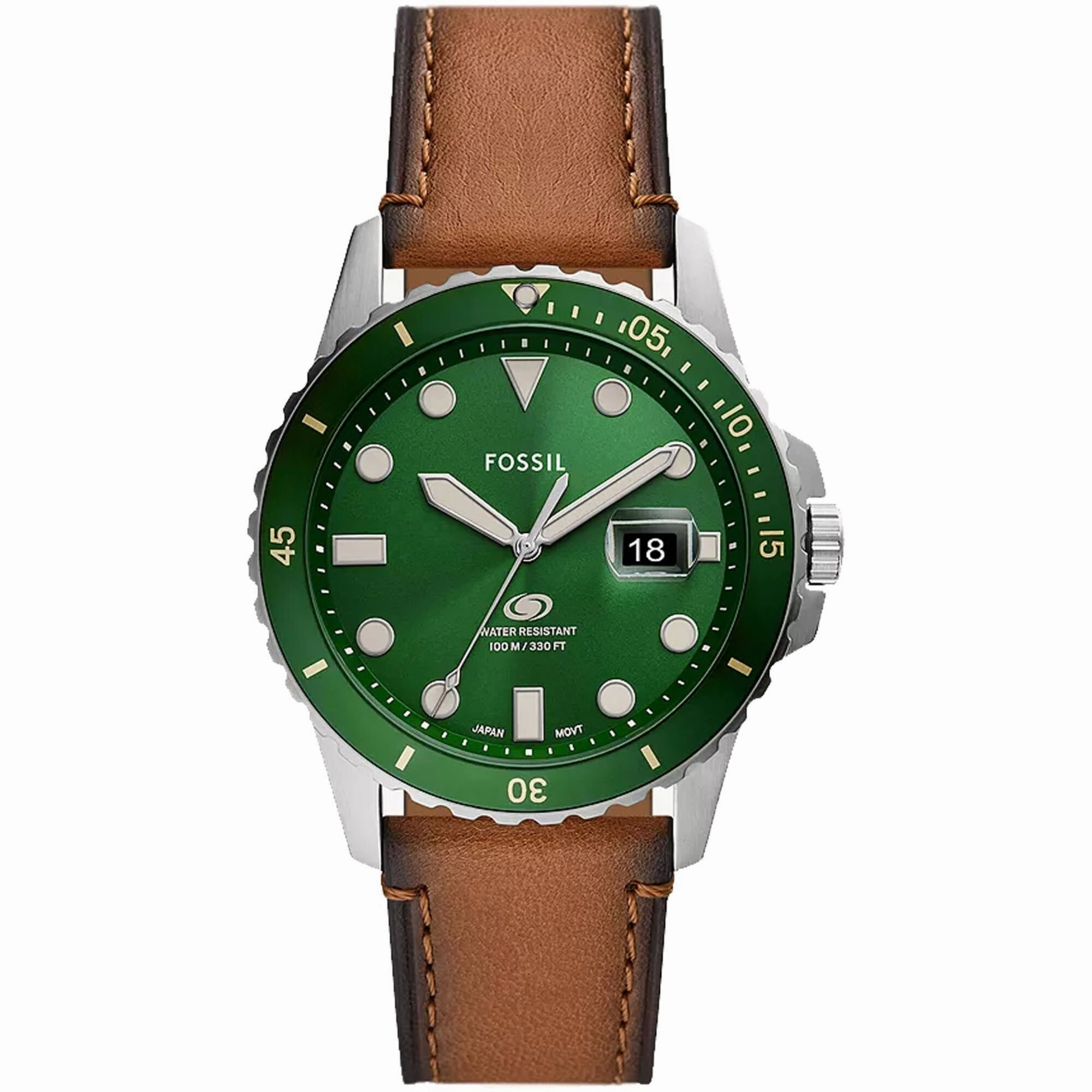 Fossil Men's Watch - Blue Dive Quartz Rotating Bezel Green Dial Brown Strap | FS5946