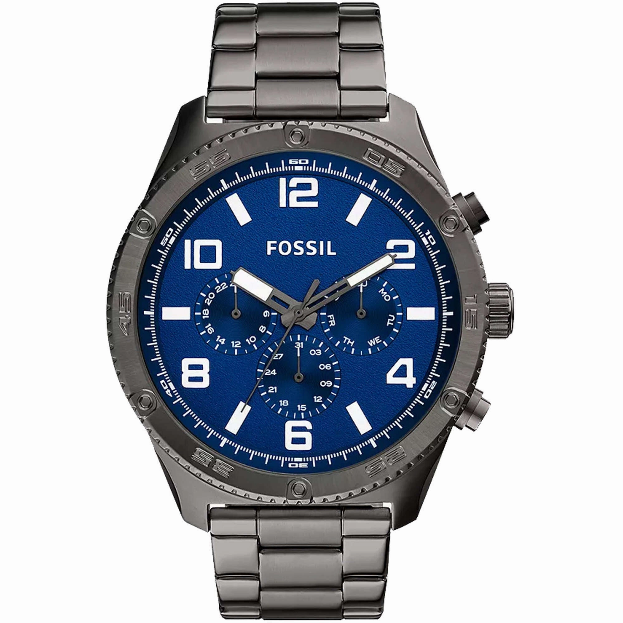 Fossil Men's Watch - Brox Quartz Day-Date Blue Dial Gunmetal Steel Bracelet | BQ2798