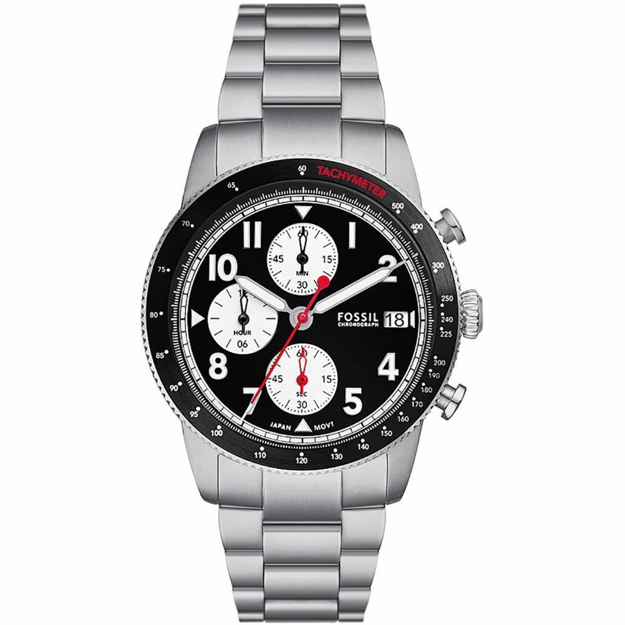 Fossil Men's Watch - Sport Tourer Quartz Black Dial Silver Steel Bracelet | FS6045