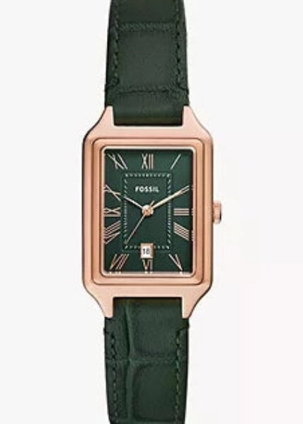 FOSSIL RAQUEL GREEN DIAL ROSE GOLD CASE GREEN LEATHER BAND ES5366