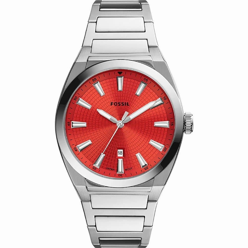 Fossil Red Dial Silver Stainless Steel Strap Men Watch FS5984