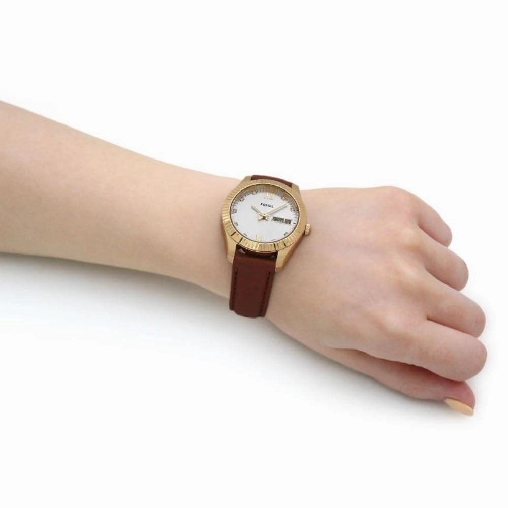 Fossil Silver Dial Brown Leather Strap Women Watch ES5184P