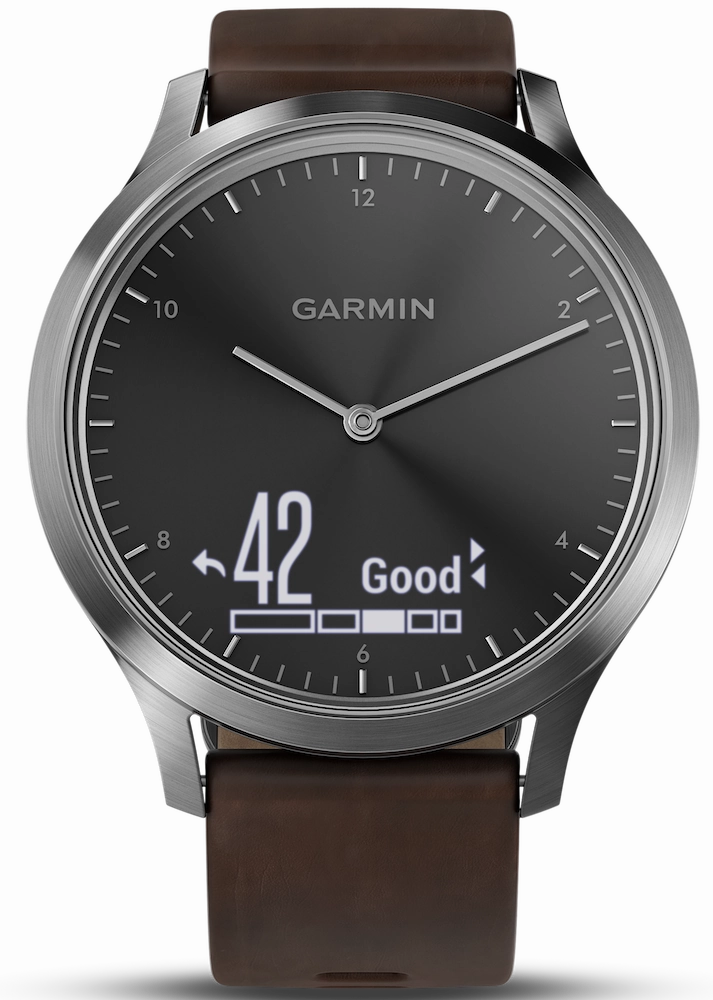 Garmin Watch Vivomove HR Silver Tone with Dark Brown Leather Band D