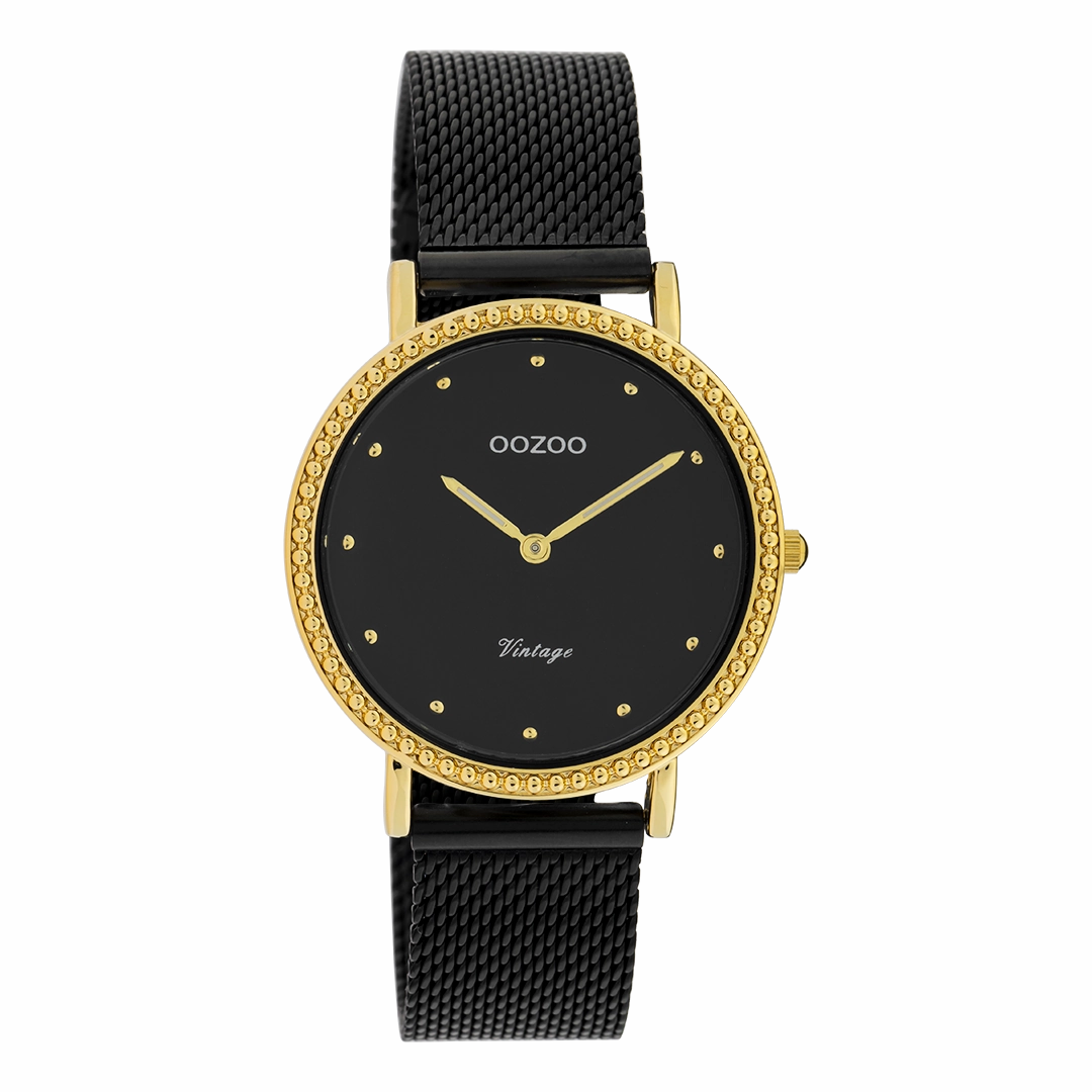 Gold coloured OOZOO watch with black metal mesh bracelet - C20058