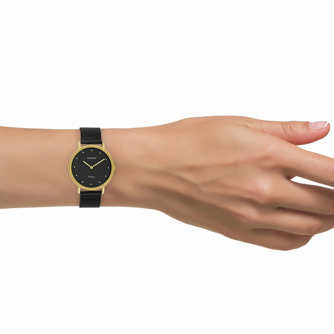Gold coloured OOZOO watch with black metal mesh bracelet - C20058