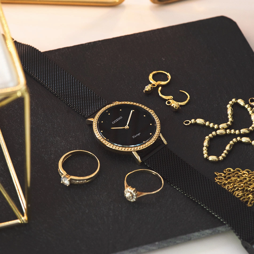 Gold coloured OOZOO watch with black metal mesh bracelet - C20058