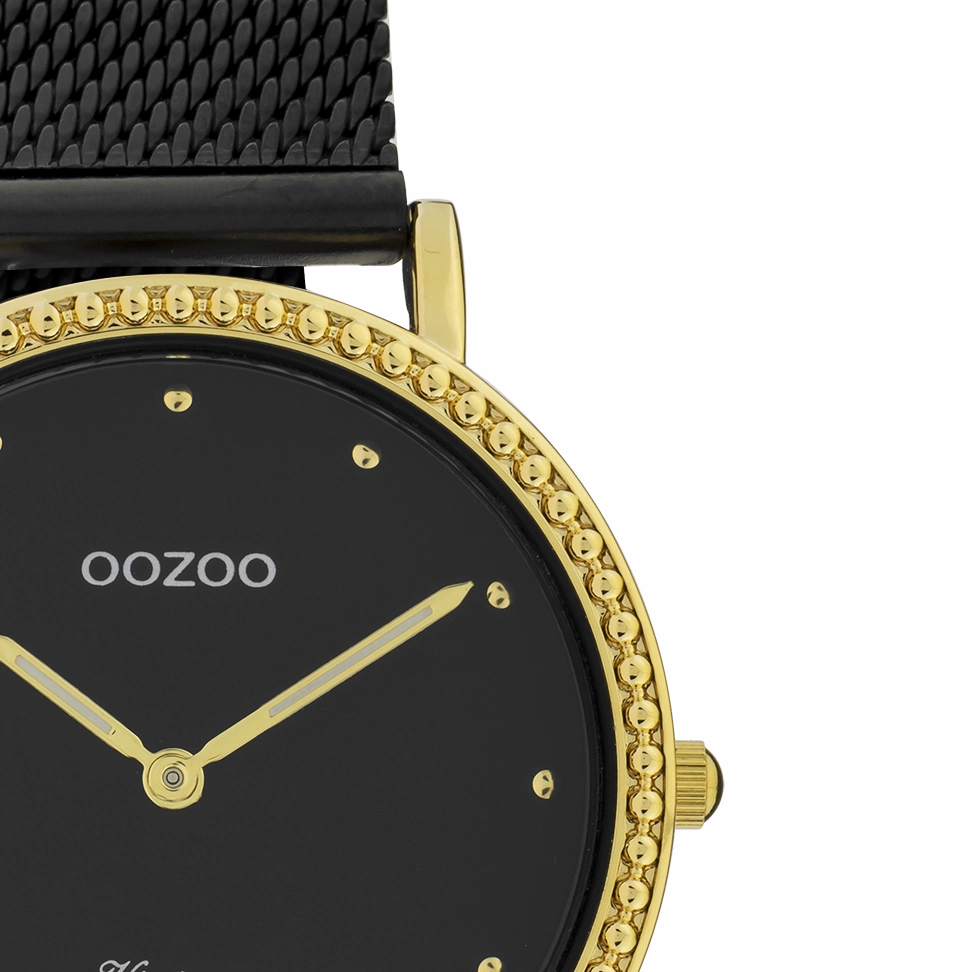 Gold coloured OOZOO watch with black metal mesh bracelet - C20058