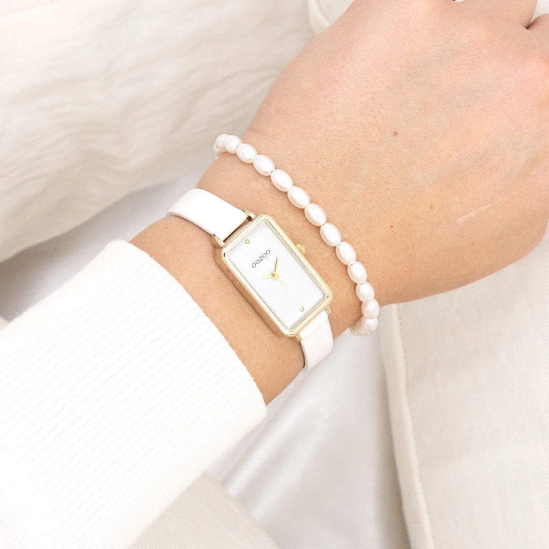 Gold coloured OOZOO watch with white leather strap - C11530