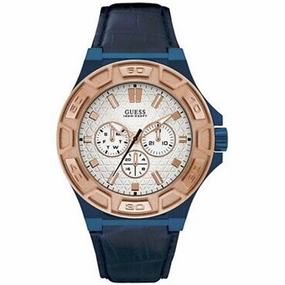Guess Men's Watch - Force Quartz Day-Date White Dial Black Leather Strap | W0674G7