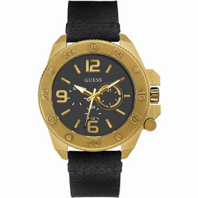 Guess Men's Watch - Viper Quartz Day-Date Black Dial Genuine Leather Strap | W0659G2
