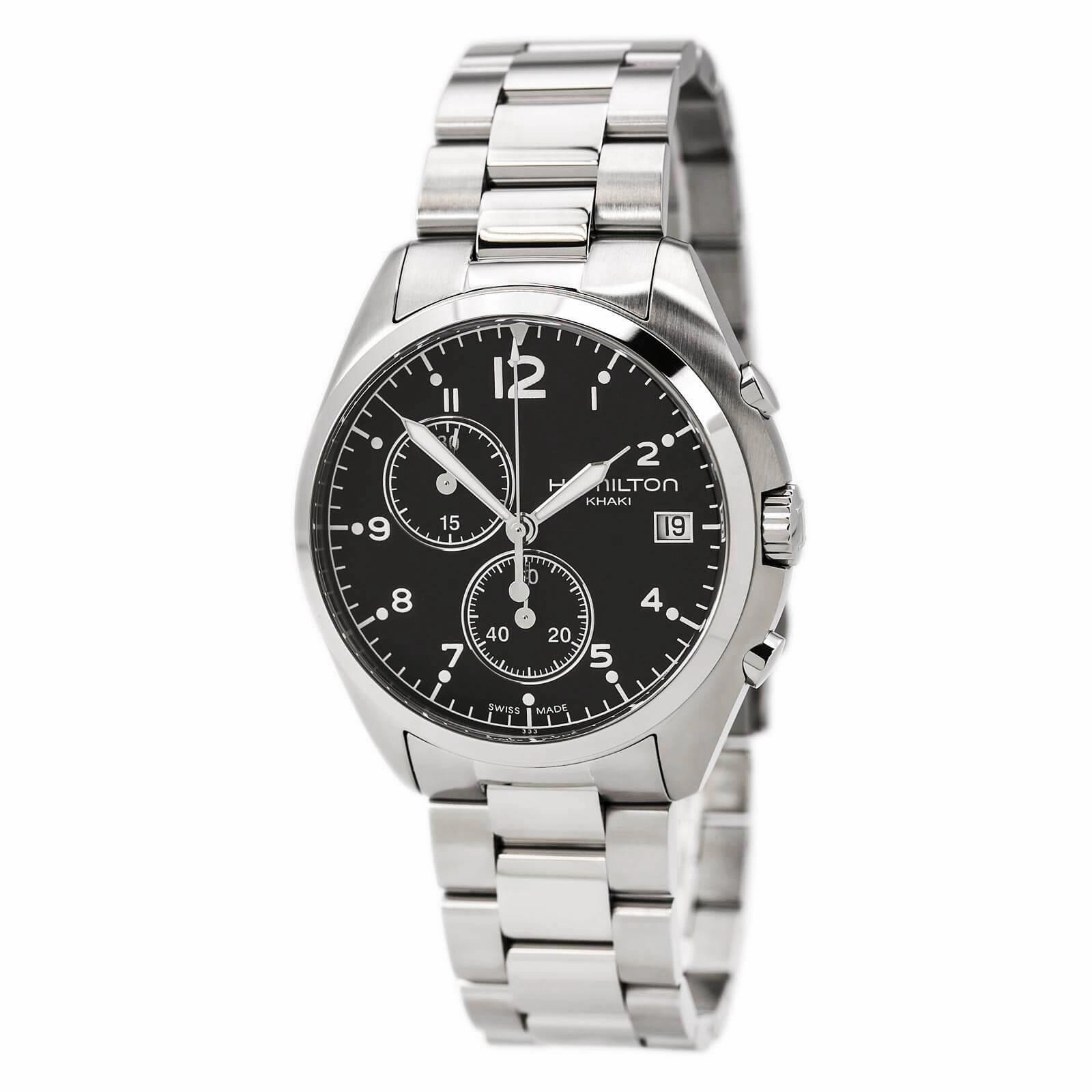 Hamilton H76512133 Men' s Khaki Pilot Pioneer Black Dial Steel Bracelet Chronograph Watch