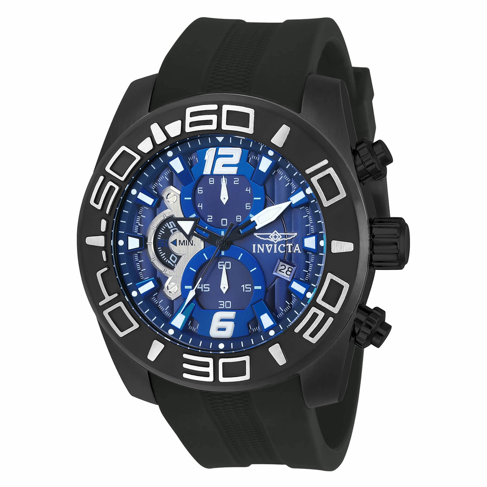 Invicta 22813 Men's Pro Diver Blue Dial Black IP Steel Black Silicone Strap Chronograph Watch
