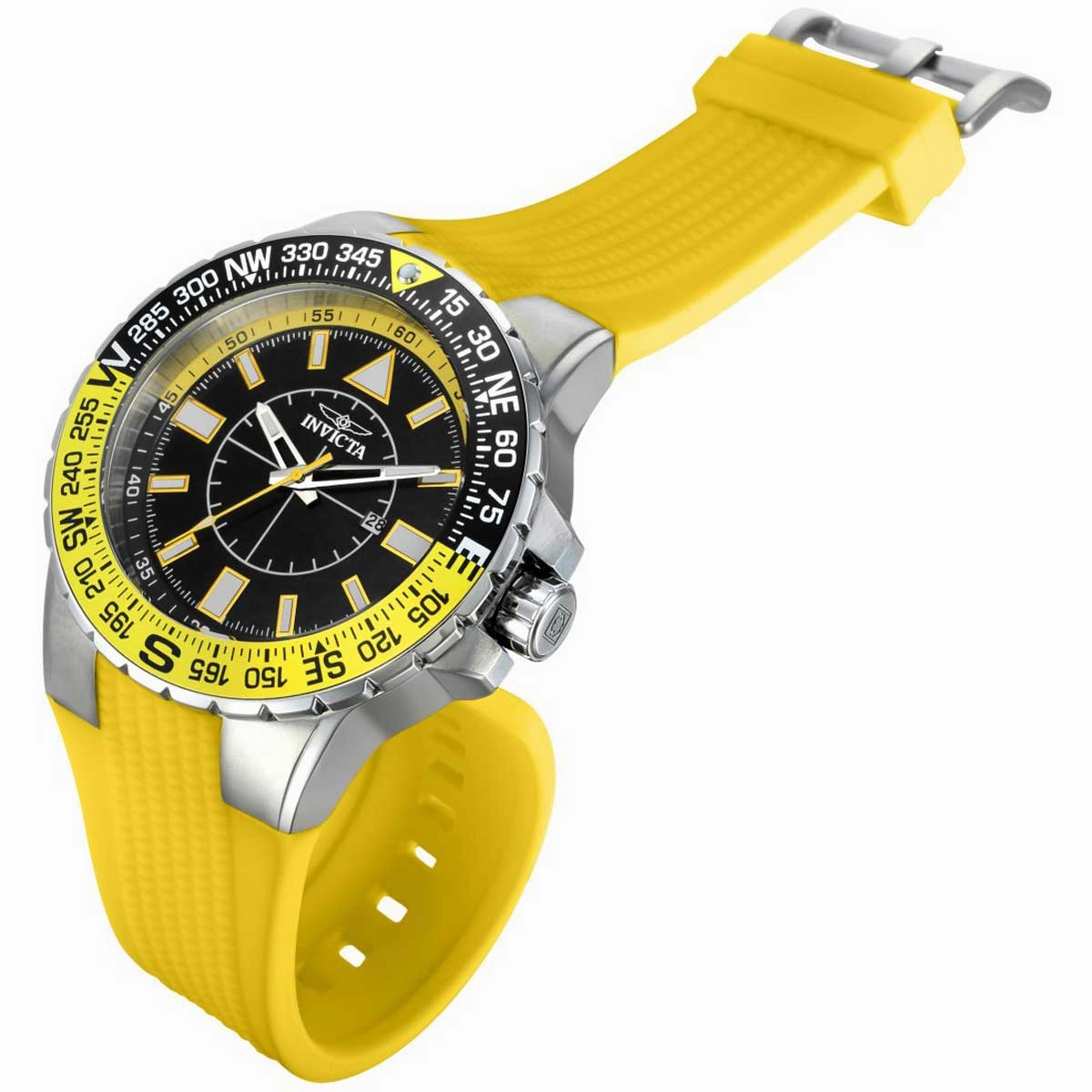 Invicta Men's Aviator Watch - Quartz Compass Black Dial Yellow Rubber Strap | 36981