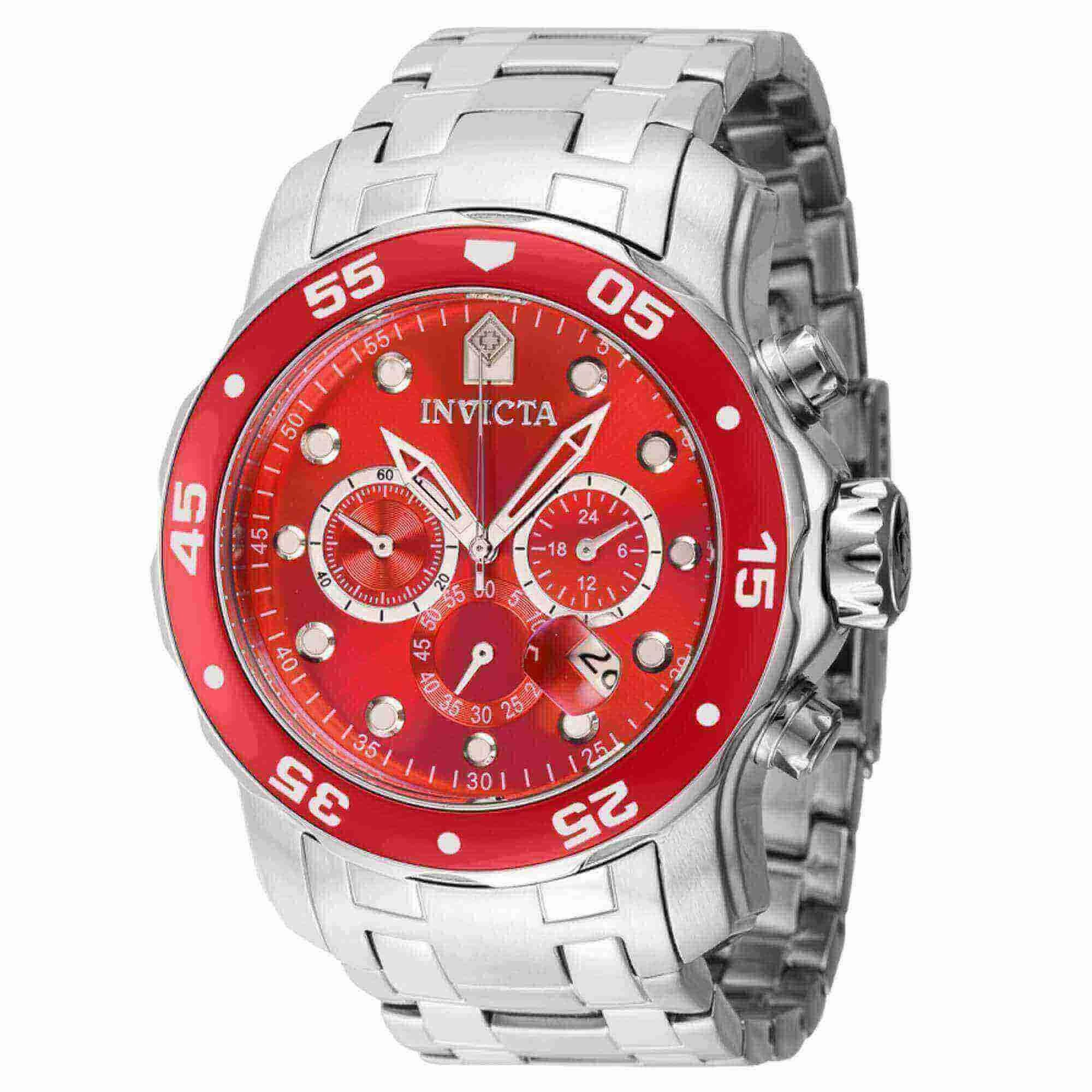 Invicta Men's Chrono Watch - Pro Diver Scuba Red Dial Silver Tone Bracelet | 40192