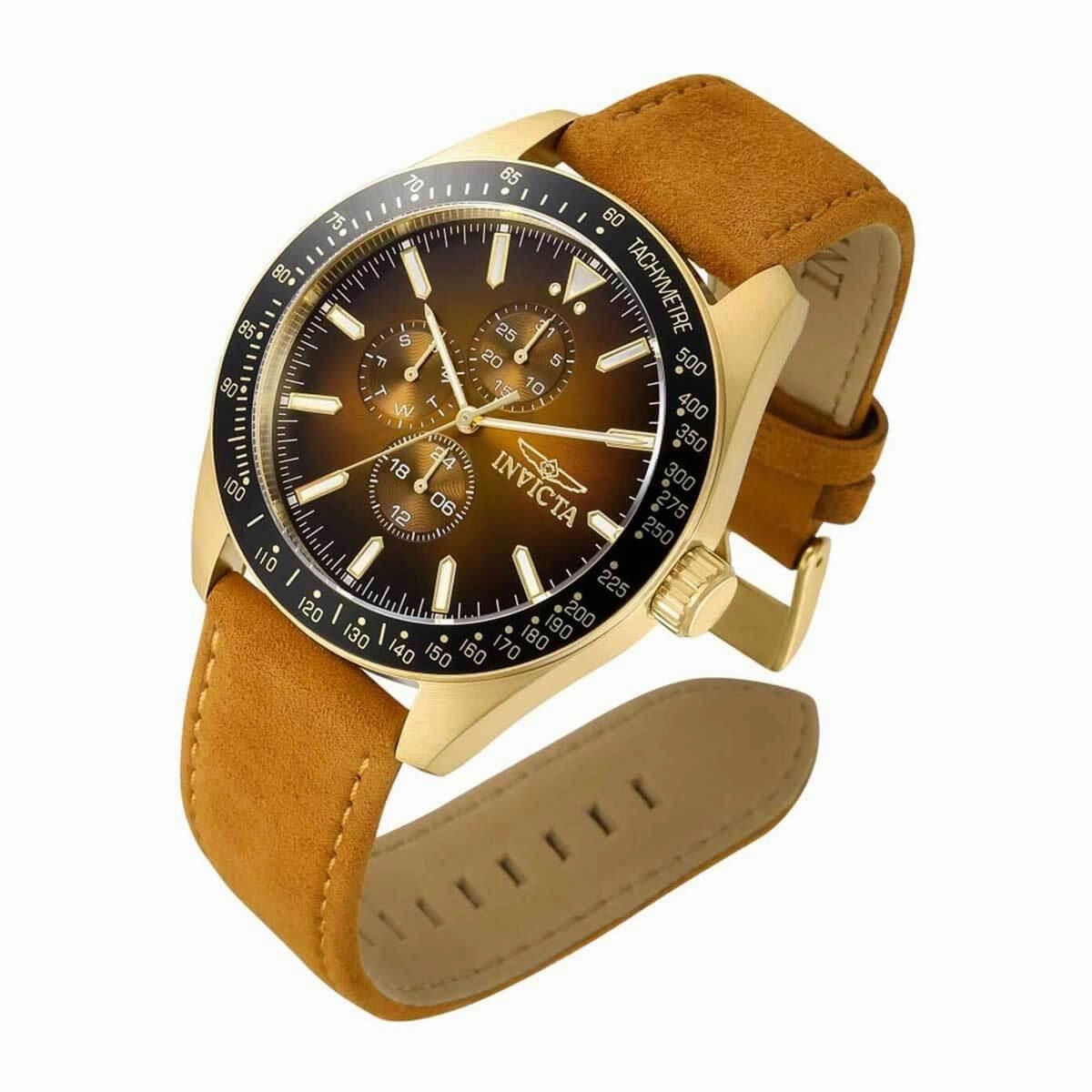 Invicta Men's Quartz Watch - Aviator Date Display Brown Dial Leather Strap | 38985