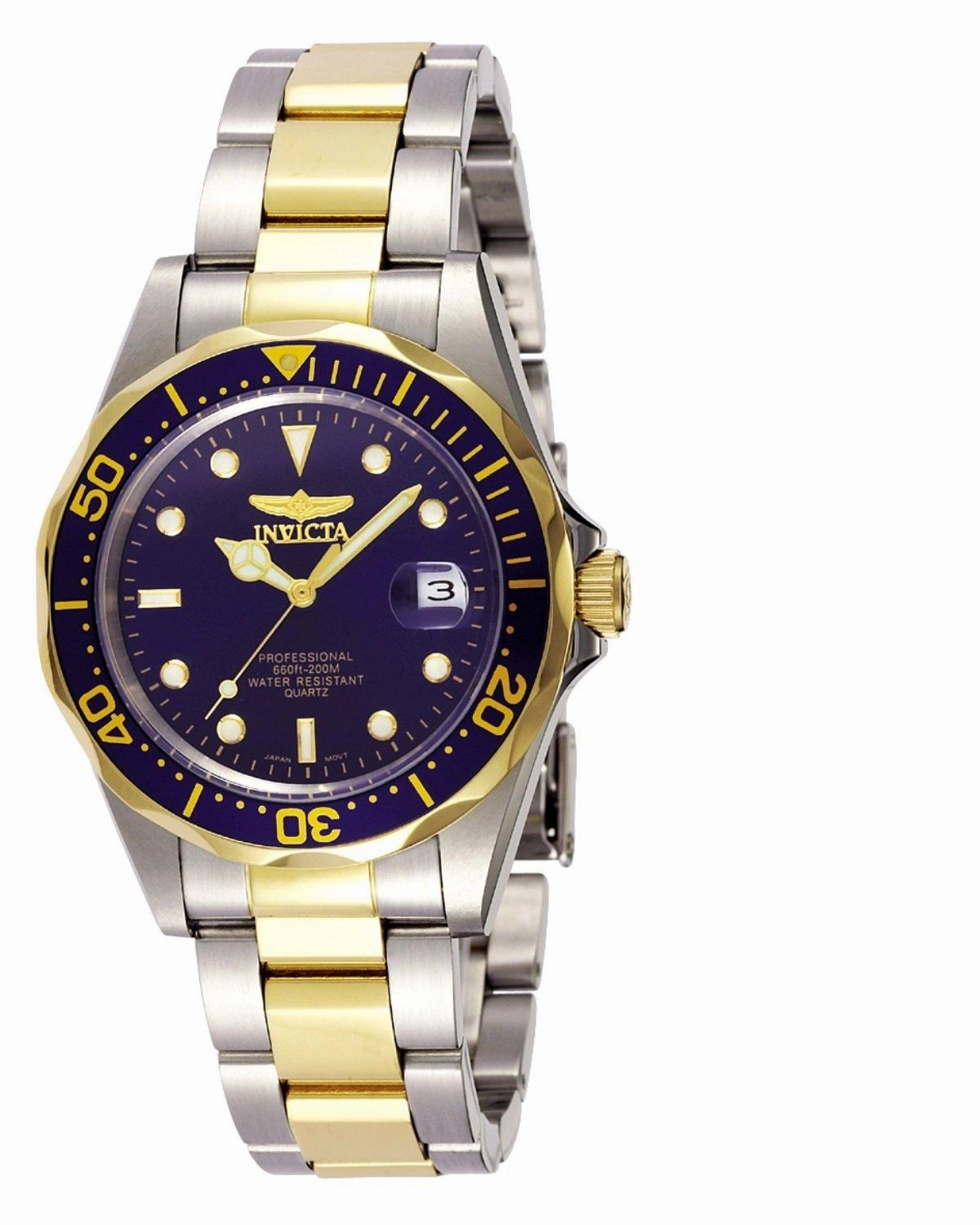 Invicta Men's Two Tone Yellow Gold Watch - Pro Diver Quartz Blue Dial Date | 8935