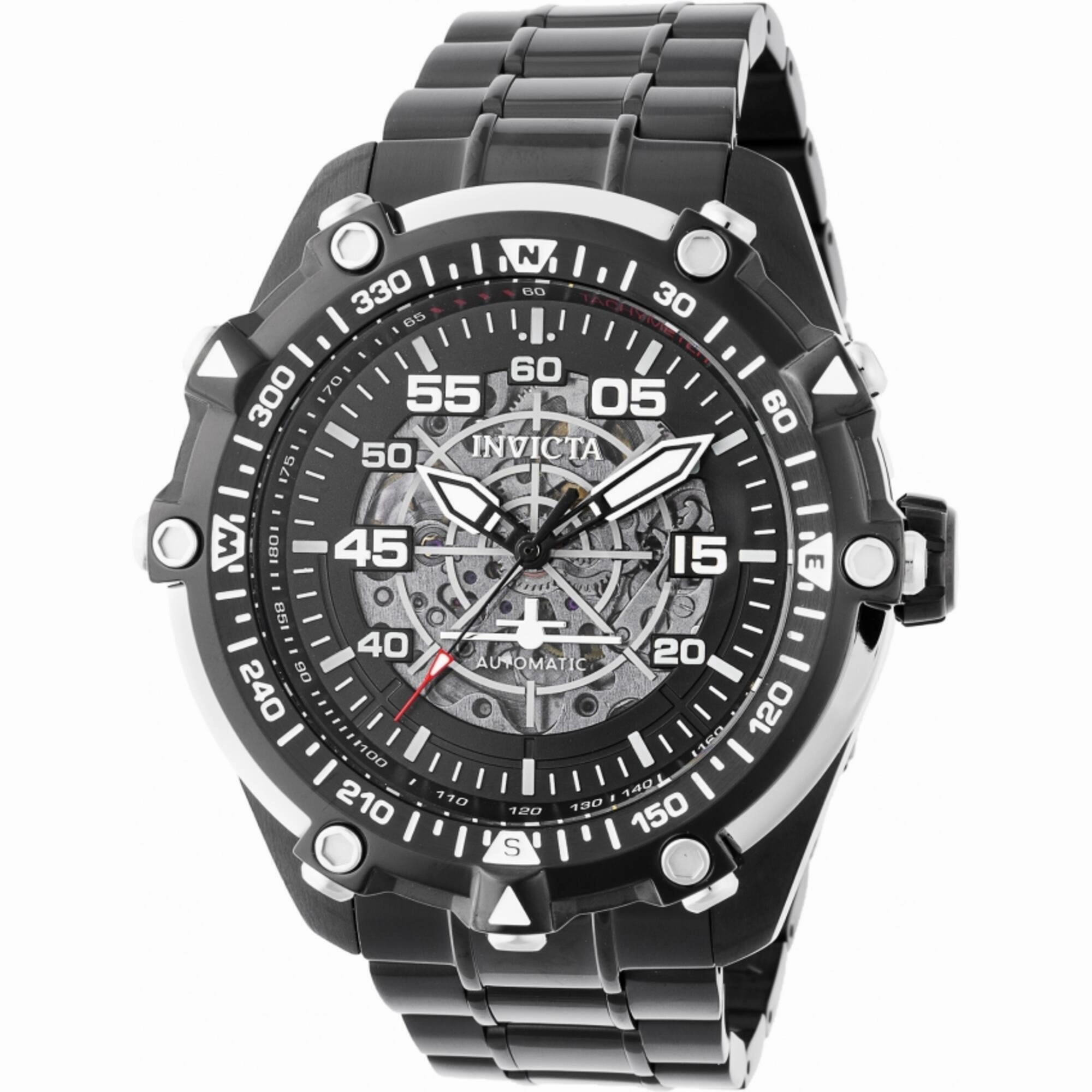 Invicta Men's Watch - Aviator Semi-Skeleton Dial Black Bracelet Automatic | 44658
