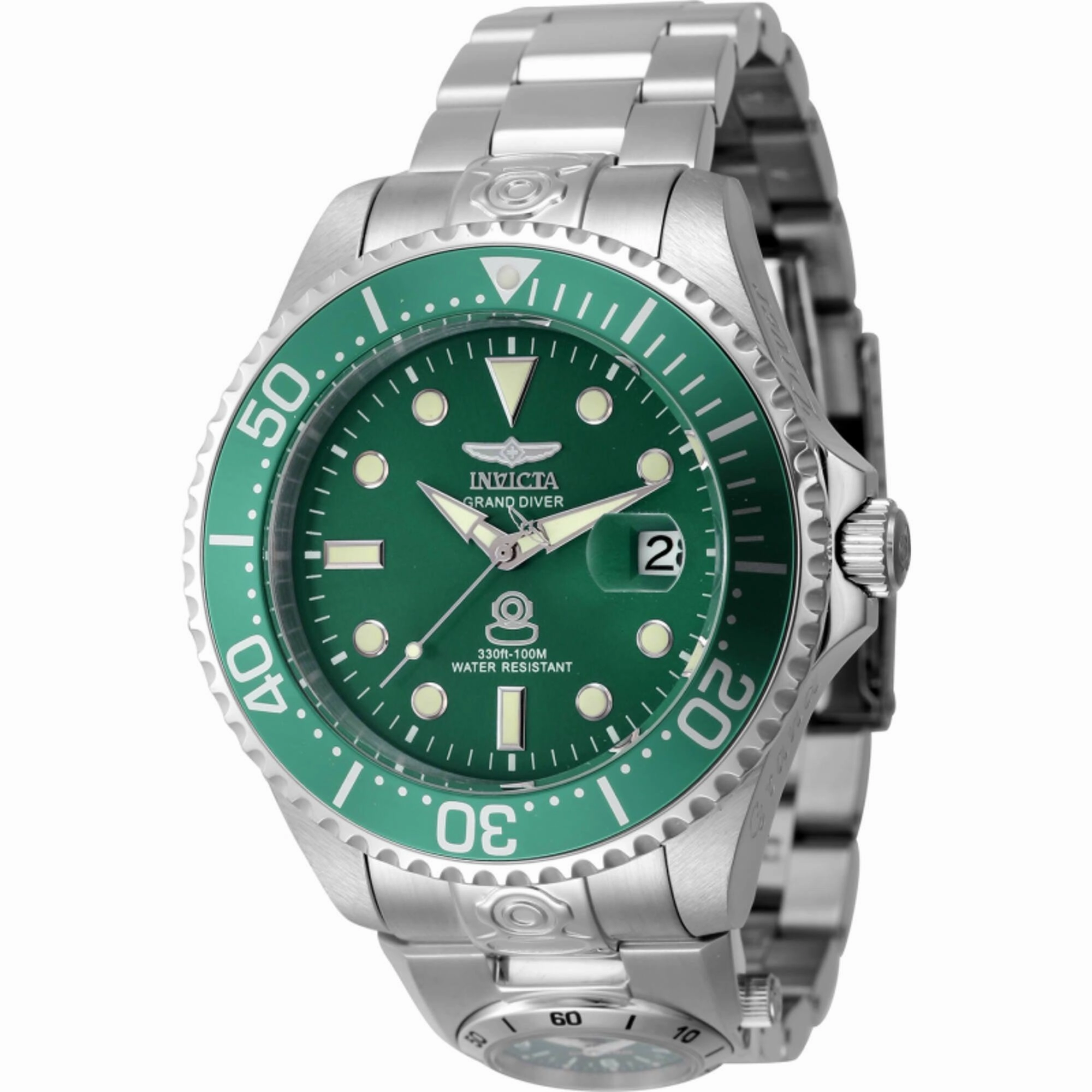 Invicta Men's Watch - Pro Diver Dual Time Green Dial Silver Steel Bracelet | 45811
