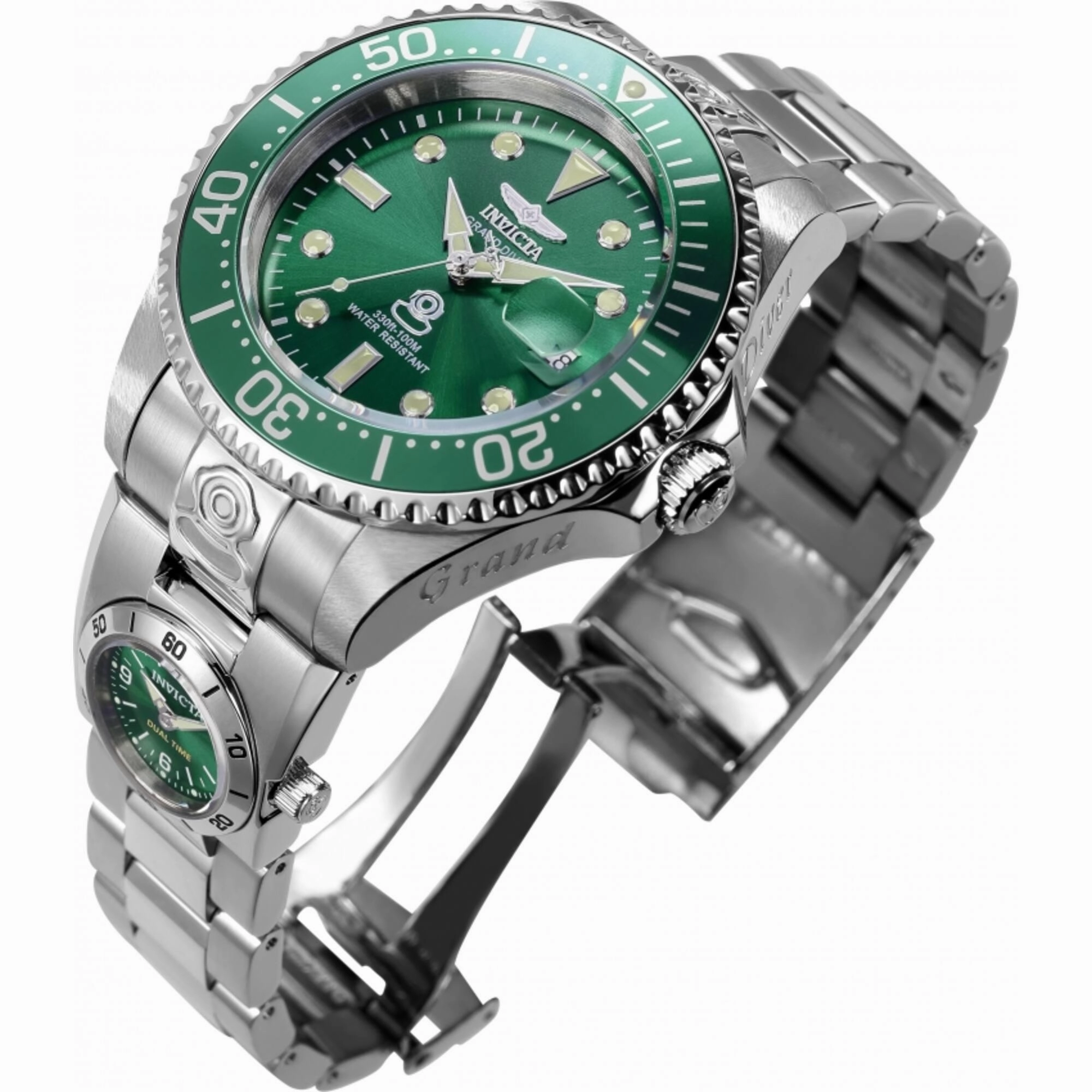 Invicta Men's Watch - Pro Diver Dual Time Green Dial Silver Steel Bracelet | 45811