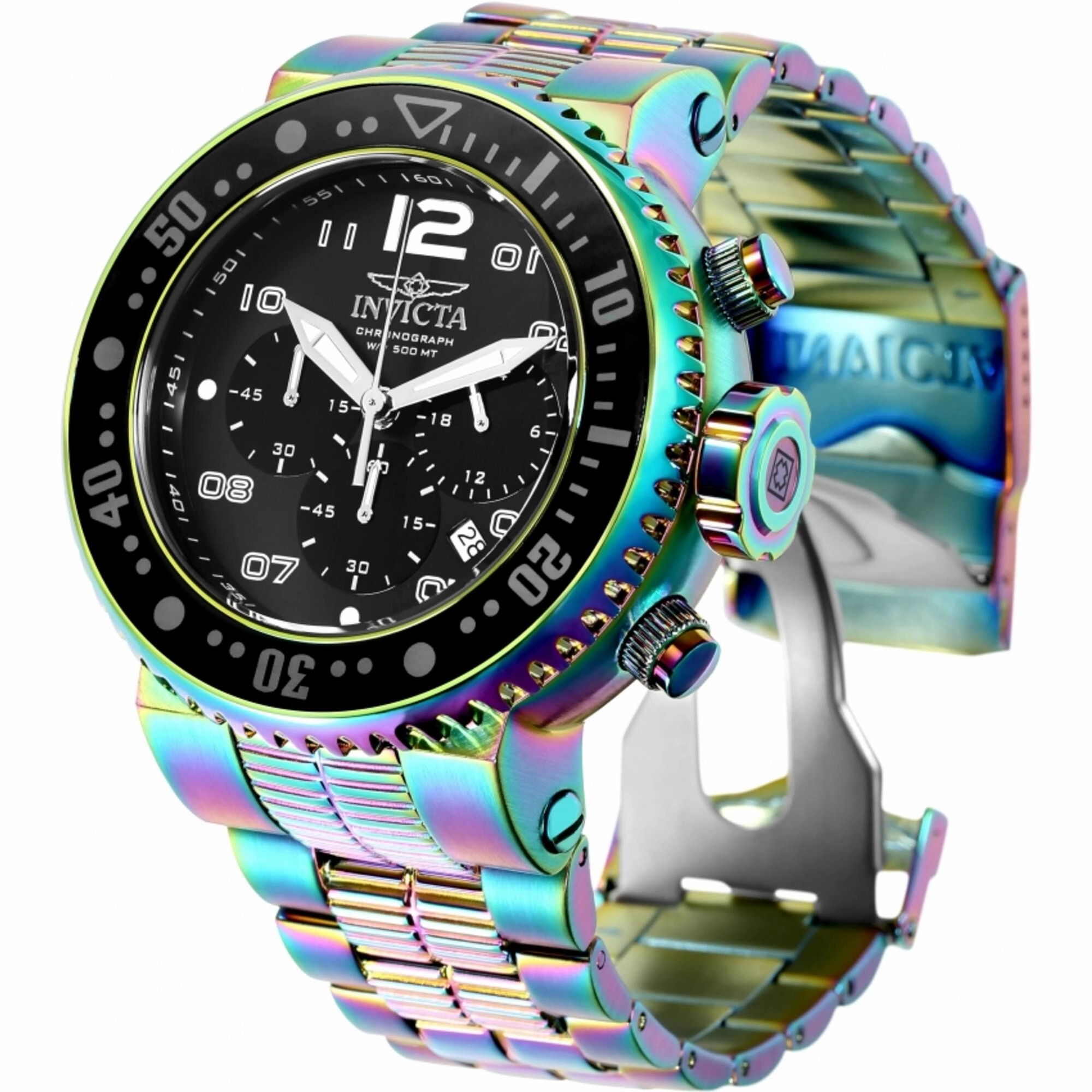 Invicta Men's Watch - Pro Diver Quartz Chrono Black Dial Iridescent Bracelet | 25078