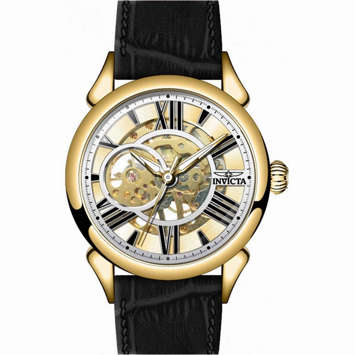 Invicta Men's Watch - Vintage Gold Tone Semi Skeleton Dial Leather Strap | 38162