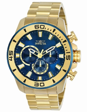 Invicta Mens Pro Diver Chronograph - Gold-Tone - Blue Dial - Bracelet - 100m