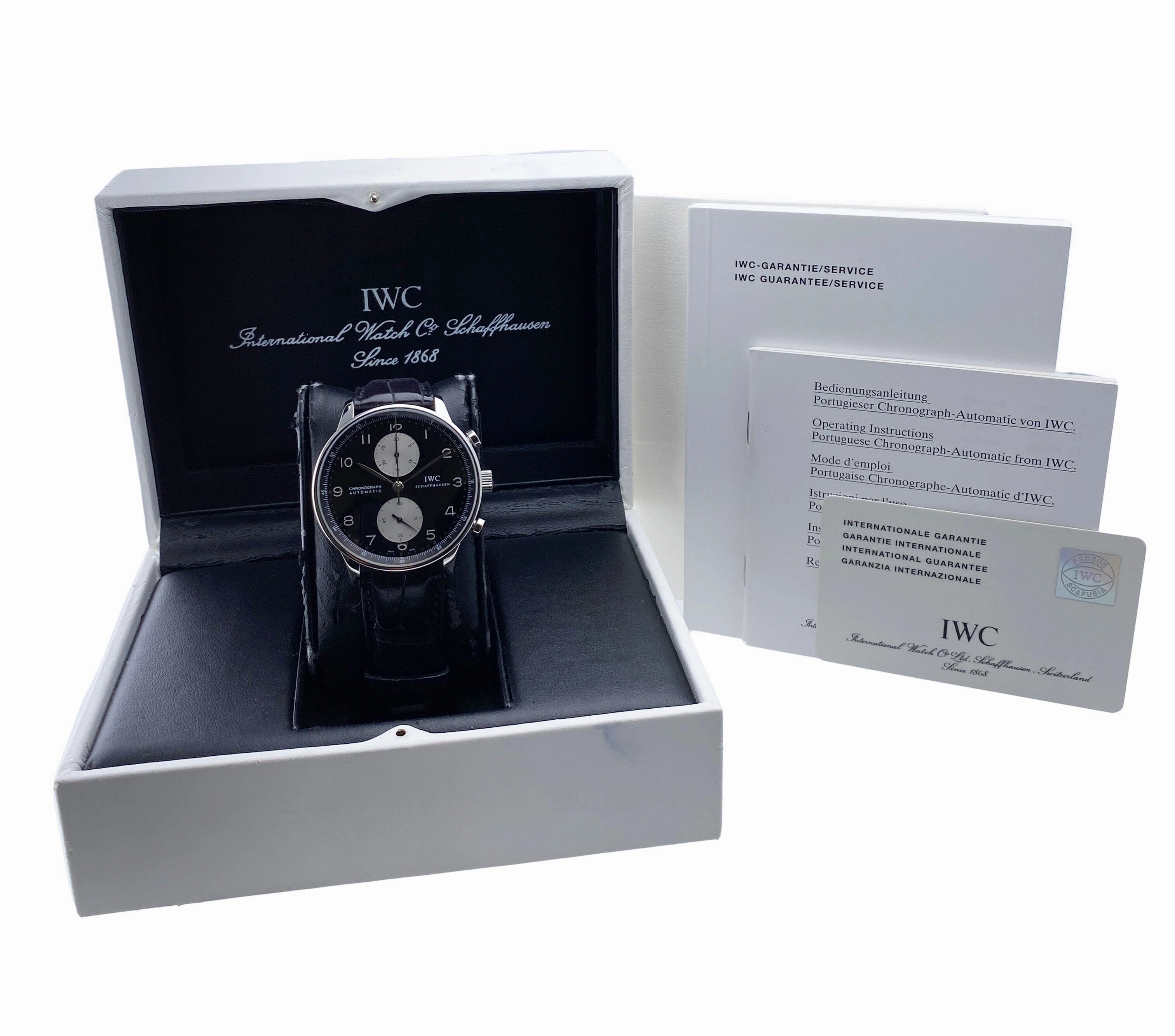 IWC Portuguese Chronograph IW371447 Black Dial Mens Watch Box Papers