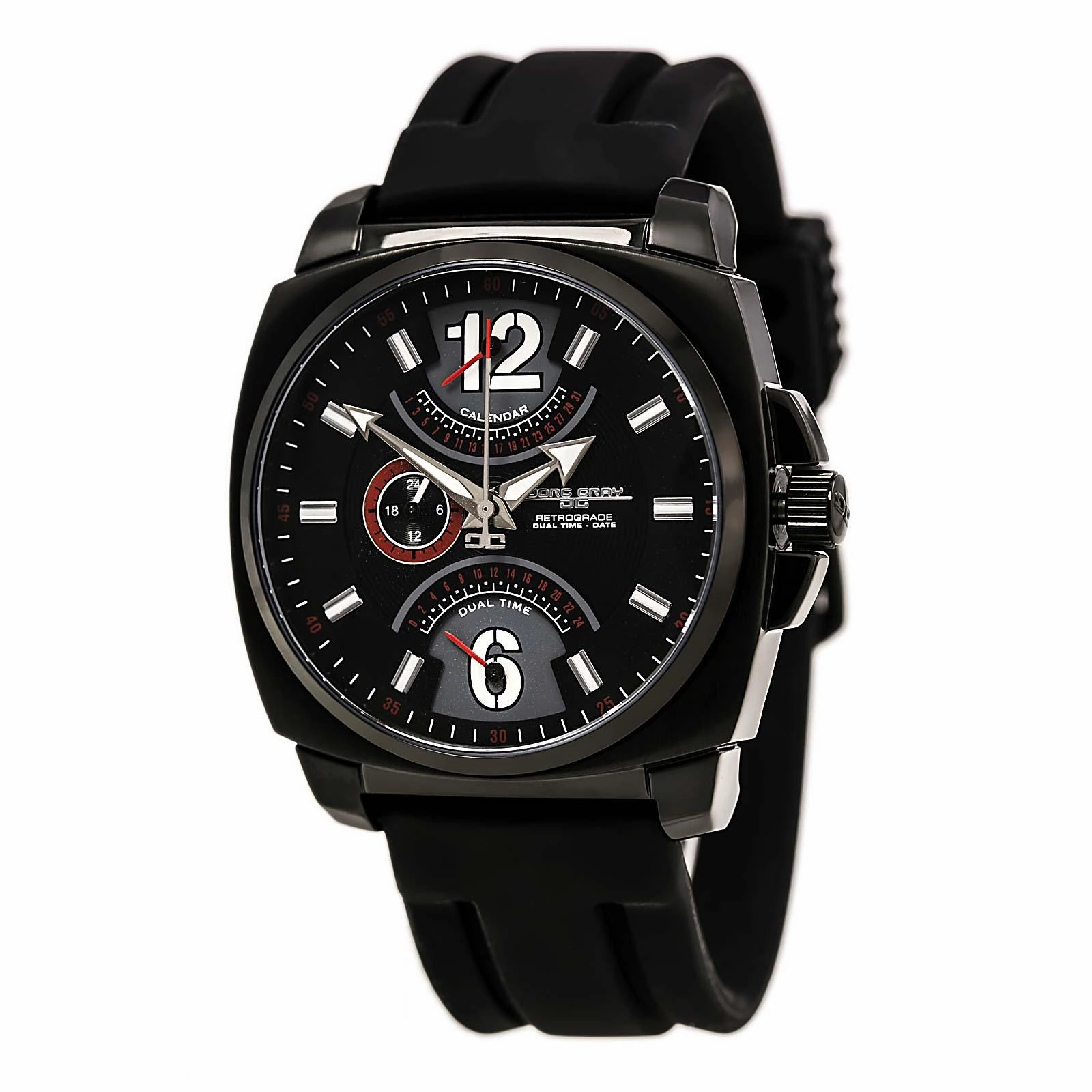 Jorg Gray JG1040-19 Men's Black Silicone Rubber Band Retrograde Calendar Black Dial Dual Time Watch