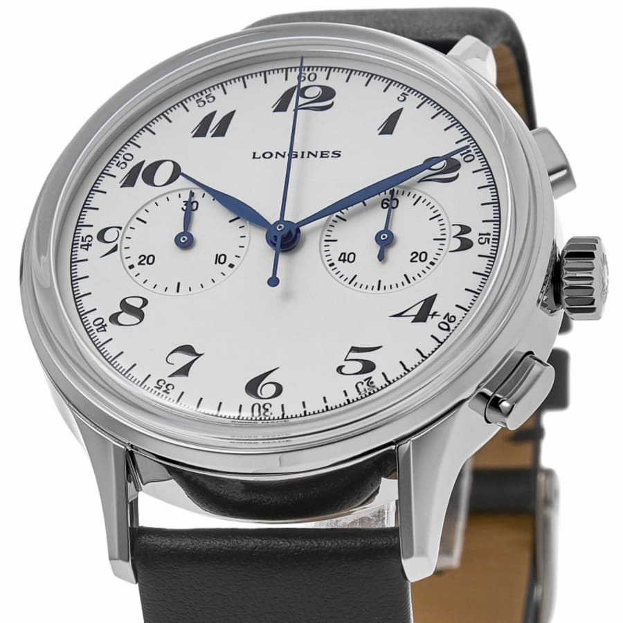 Longines Heritage Chronograph Silver Dial Black Leather Strap Men's Watch