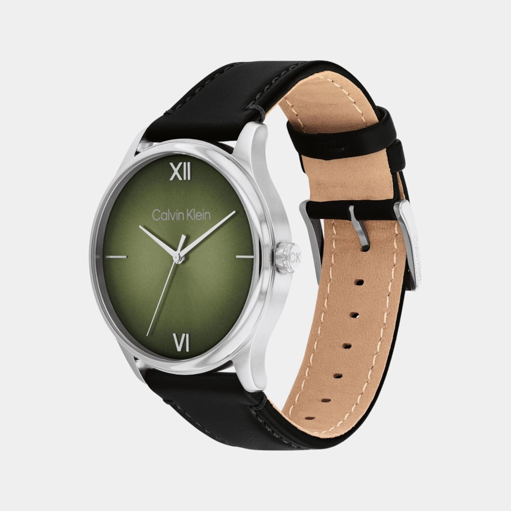Men Quartz Analog Olive Green Dial Leather Watch 25200454