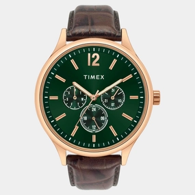 Men Quartz Green Dial Multi-Function Leather Watch TWEG18434