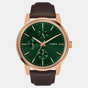 Men Quartz Green Dial Multi-Function Leather Watch TWEG18905