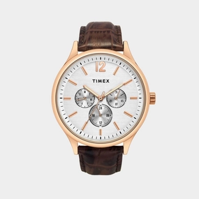 Men Quartz White Dial Multi-Function Leather Watch TWEG18433