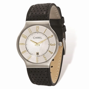 Mens Chisel Stainless Steel White Dial Black Leather Watch