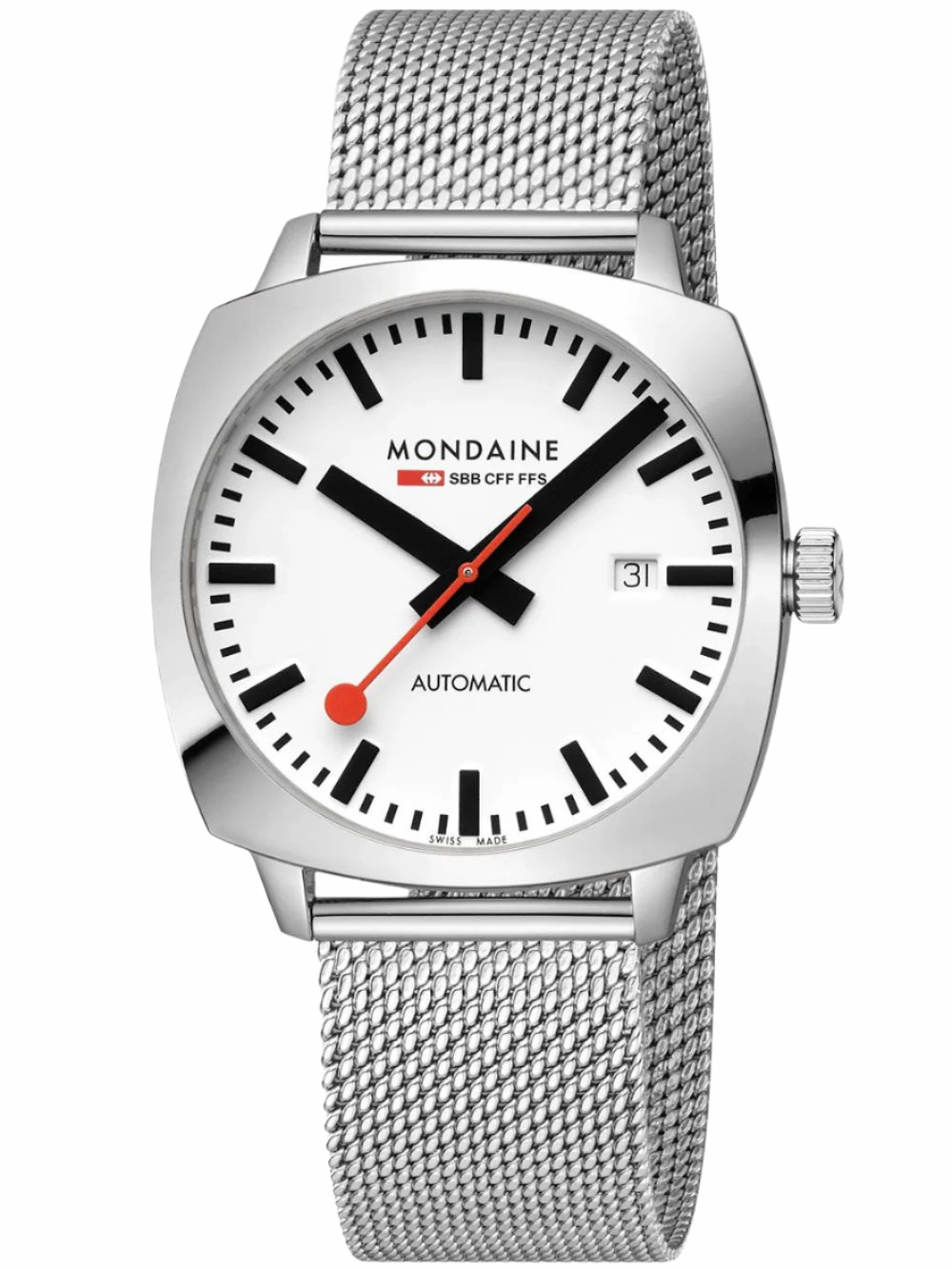 Mondaine Cushion Automatic White Dial Stainless Steel Watch MSL.3961B.SM