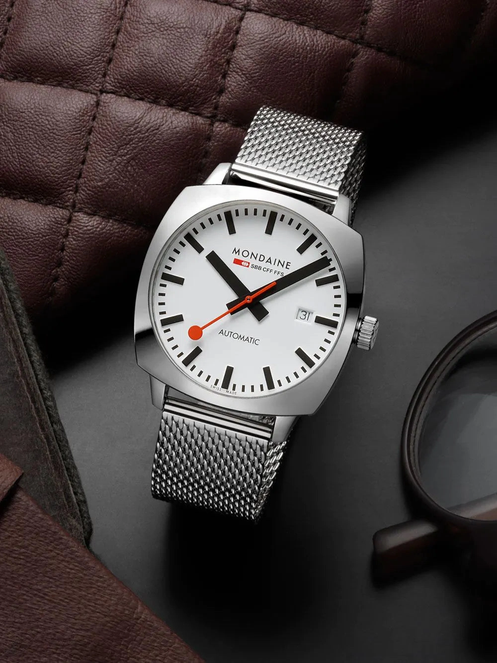 Mondaine Cushion Automatic White Dial Stainless Steel Watch MSL.3961B.SM