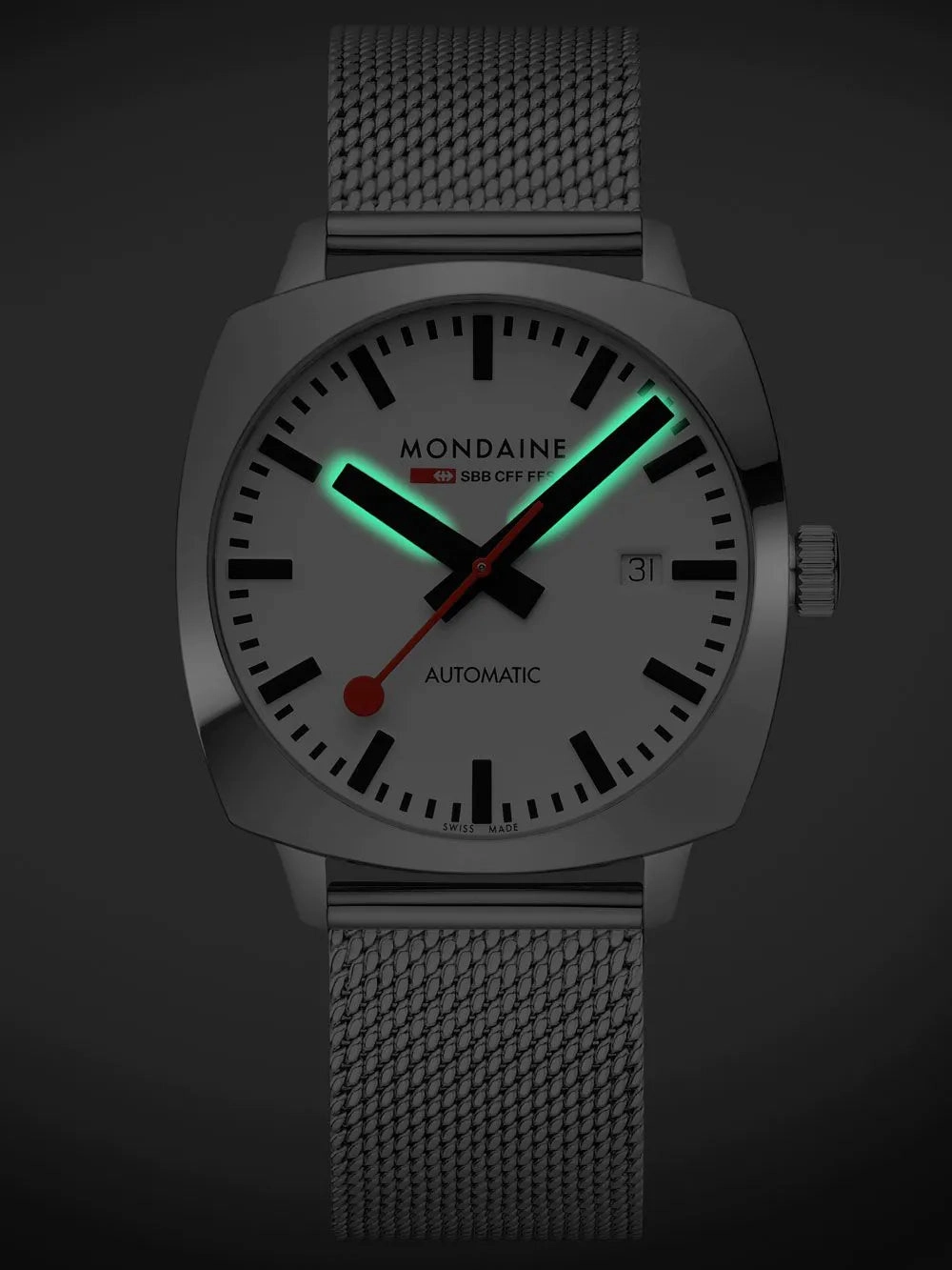 Mondaine Cushion Automatic White Dial Stainless Steel Watch MSL.3961B.SM