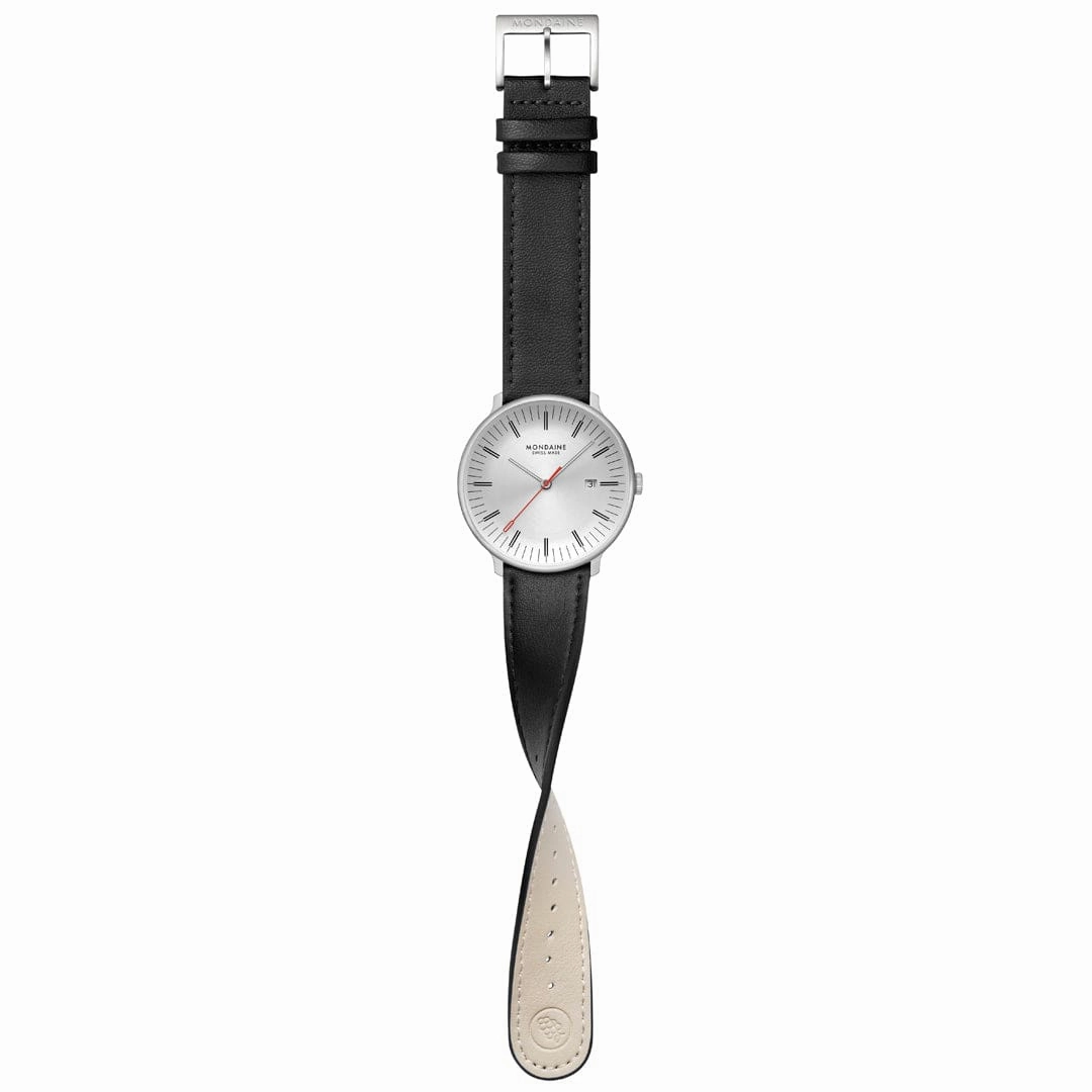 Mondaine Doppio 41mm Black Vegan Grape Leather Watch MLE.41210.LBV